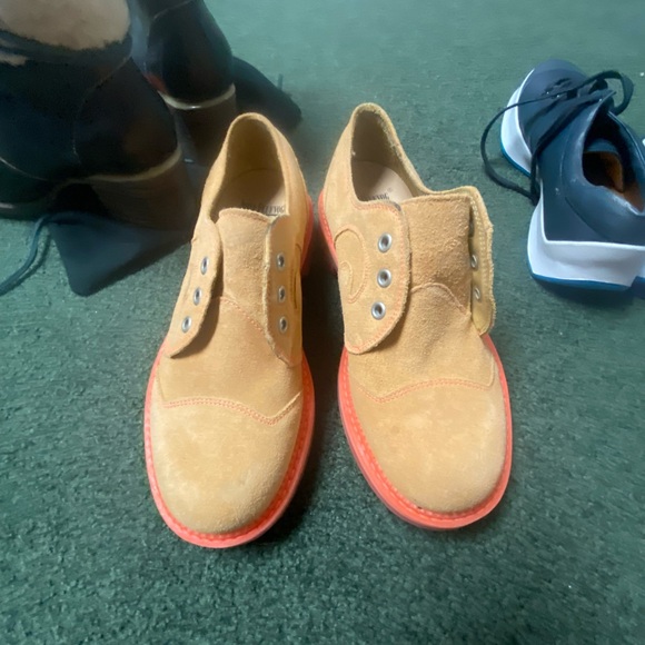 John Fluevog Shoes - John Fluevog Tan Suede Oxfords with Red Soles